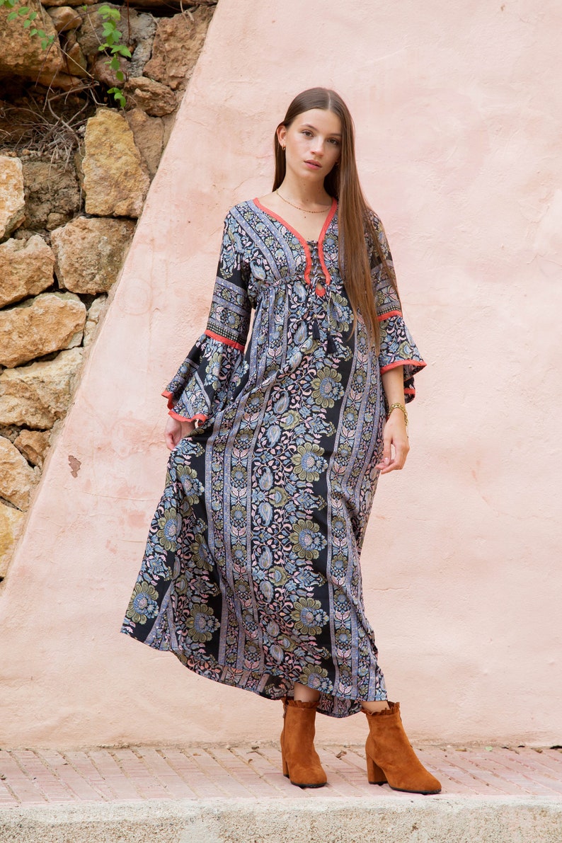 Boho Style Maxi DressWith Bell Sleeves, Full Length Goddess Dress with Sleeves, Ibiza Maxi Dress, Bohemian Style Maxi Dress image 9