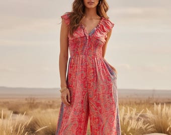Pink Paisley Recycled Silk Sari Jumpsuit | Wide Leg Boho Jumpsuit | Ruffle Sleeve Festival Outfit | Pockets | Holiday Romper