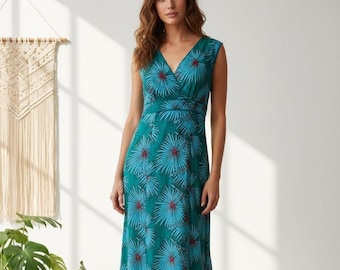 Boho Maxi Dress with Side Slit – Turquoise Cotton Dress – Fitted Summer Dress – Sleeveless Bohemian Dress – Elegant Boho Dress