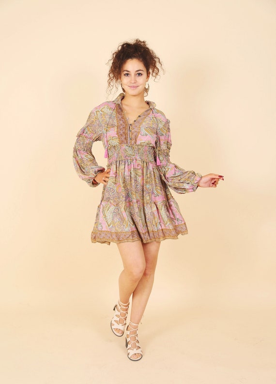Long Sleeve Mini Dress Boho 70's Style 