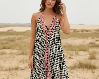 Black Block Print Halter Dress, Cotton Boho Mini Dress, Open Back Festival Dress, Adjustable Tie Dress, Indian Block Print Dress