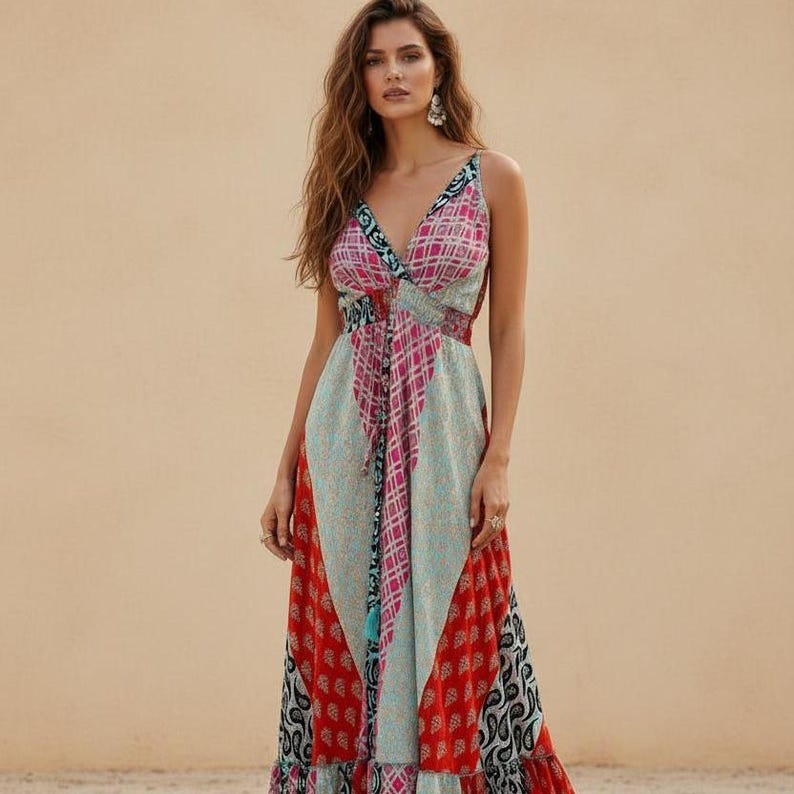 Boho-Patchwork-Maxikleid – Boho-Festivalkleid – Hippie-Sommer-Maxikleid – Farbenfrohes Boho-Strandkleid – Boho-Urlaubskleid Bild 10