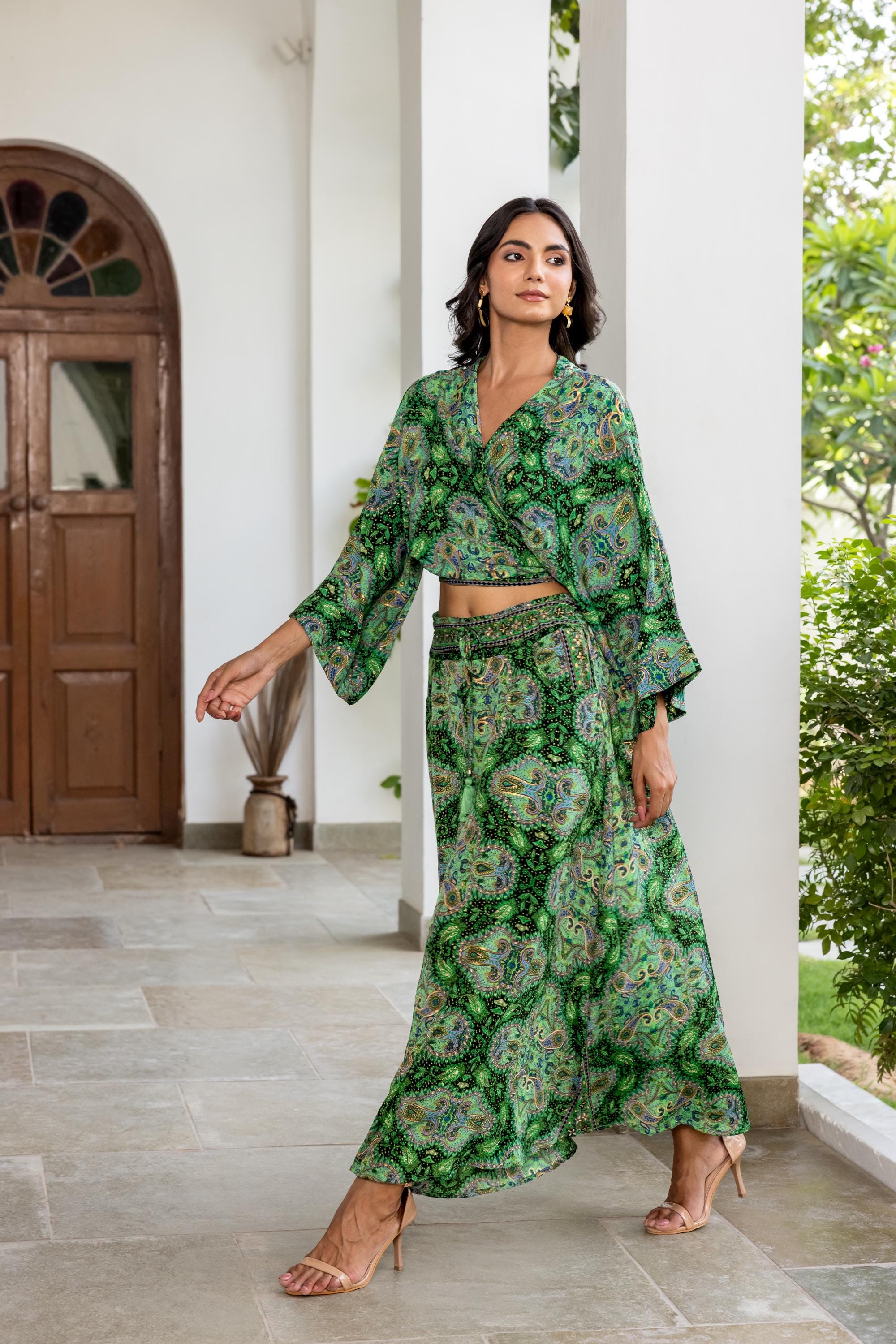 Boho Co-ord Set – Green With Black & Gold Print, Flare Sleeve Wrap