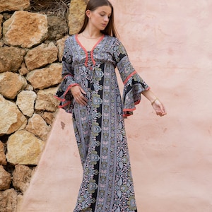 Boho Style Maxi DressWith Bell Sleeves, Full Length Goddess Dress with Sleeves, Ibiza Maxi Dress, Bohemian Style Maxi Dress image 5