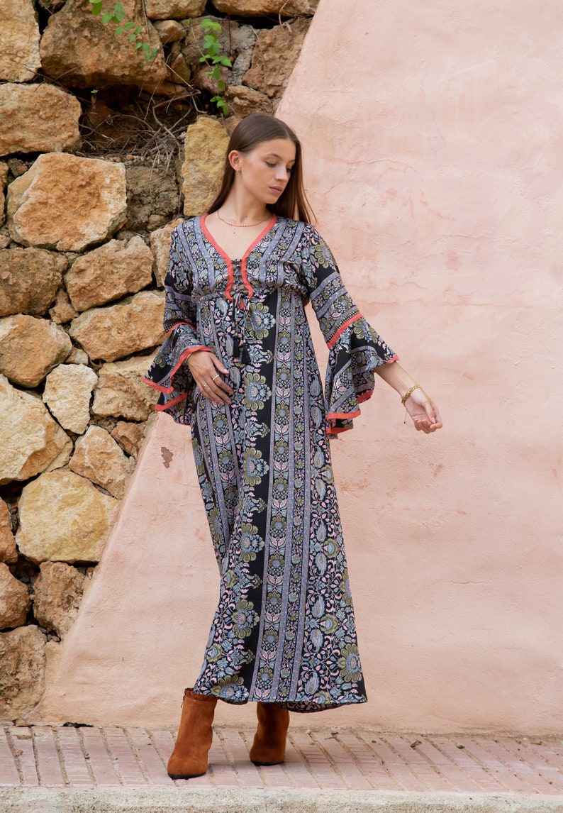 Boho Style Maxi DressWith Bell Sleeves, Full Length Goddess Dress with Sleeves, Ibiza Maxi Dress, Bohemian Style Maxi Dress image 5