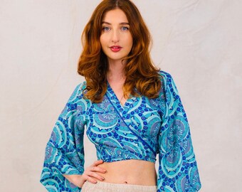 Blue Silk Wrap Top With Frill Sleeves,Boho Wraparound Top, Hippie Gypsy Style Top,