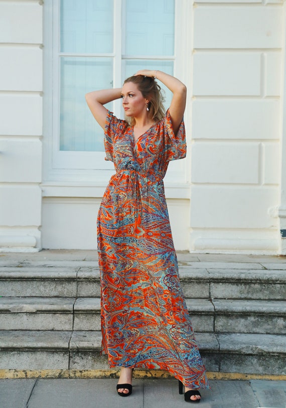 Boho Maxi Dress Kimono Style Maxi Dress Vintage Silk Sari - Etsy New Zealand