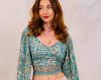 Blue Boho Crop Top with Gold Thread - Long Sleeve, Perfect for Christmas and New Year, Matching Skirt Available