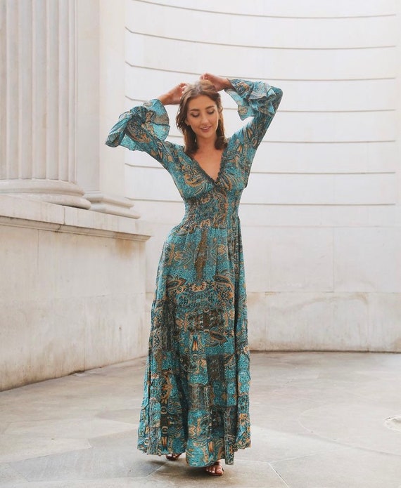 Boho Maxi Dress With Long Sleeves 70's 