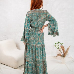 Green Boho Maxi Dress With Long Sleeves, 70's Style Maxi Dress, Goddess Dress, Winter Maxi Dress image 7