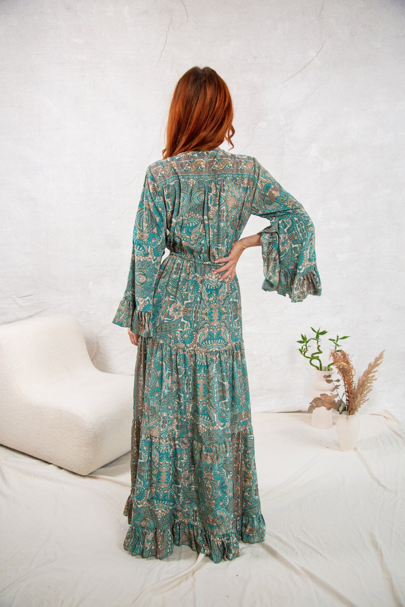 Green Boho Maxi Dress With Long Sleeves, 70's Style Maxi Dress, Goddess Dress, Winter Maxi Dress image 7