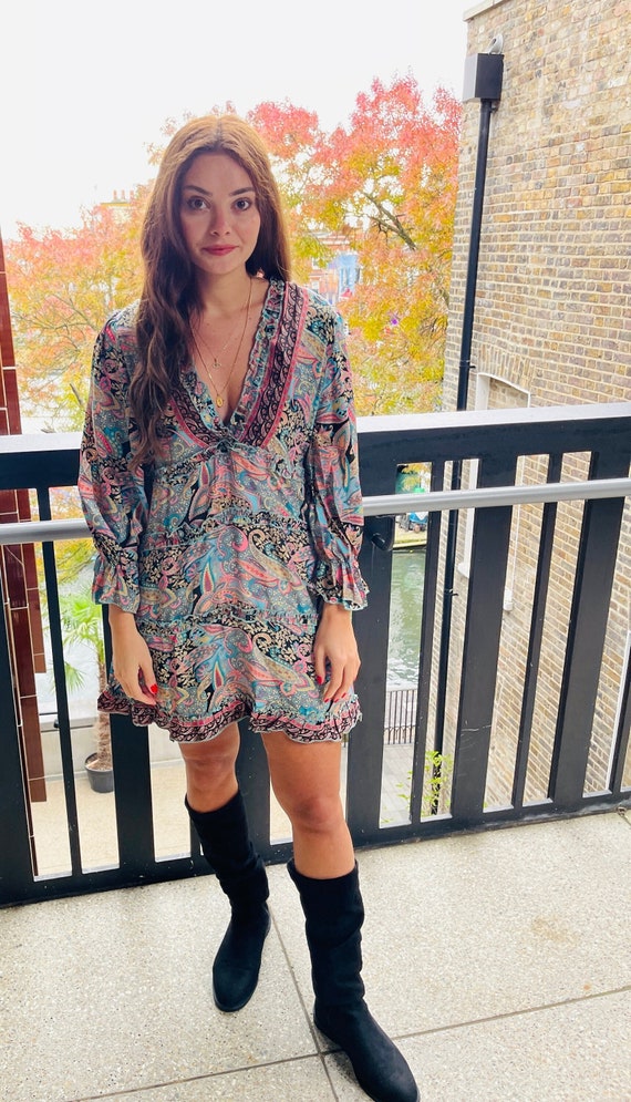 Pink Paisley Mini Dress Deep V Neck, Boho Festival Dress Women, Ibiza Holiday Dress, Layered Summer Dress, Beach Dress