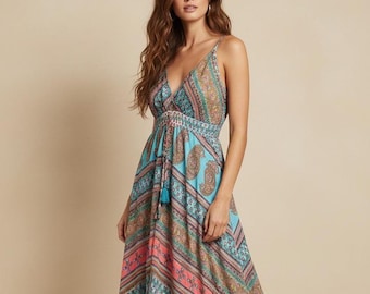 Boho Maxi Dress, Turquoise Paisley Summer Dress, Sleeveless Holiday Dress, Festival Maxi Dress, Beach Dress, Bohemian Dress, Resort Wear