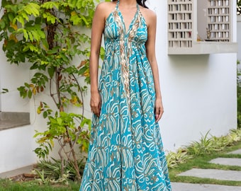 Blue White Boho Halter Maxi Dress, Backless Bohemian Dress, Festival Dress Women, Goddess Maxi Dress, Bohemian Clothing