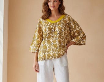 Block Print Cotton Top, Boho Summer Blouse, Yellow Cotton Top, Handmade Cotton Top, Festival Top, Loose Fit Blouse, Bohemian Clothing UK
