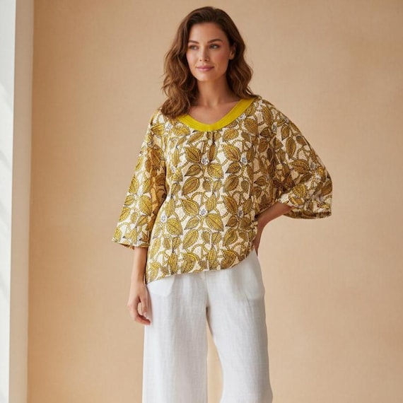 Block Print Cotton Top, Boho Summer Blouse, Yellow Cotton Top, Handmade Cotton Top, Festival Top, Loose Fit Blouse, Bohemian Clothing UK