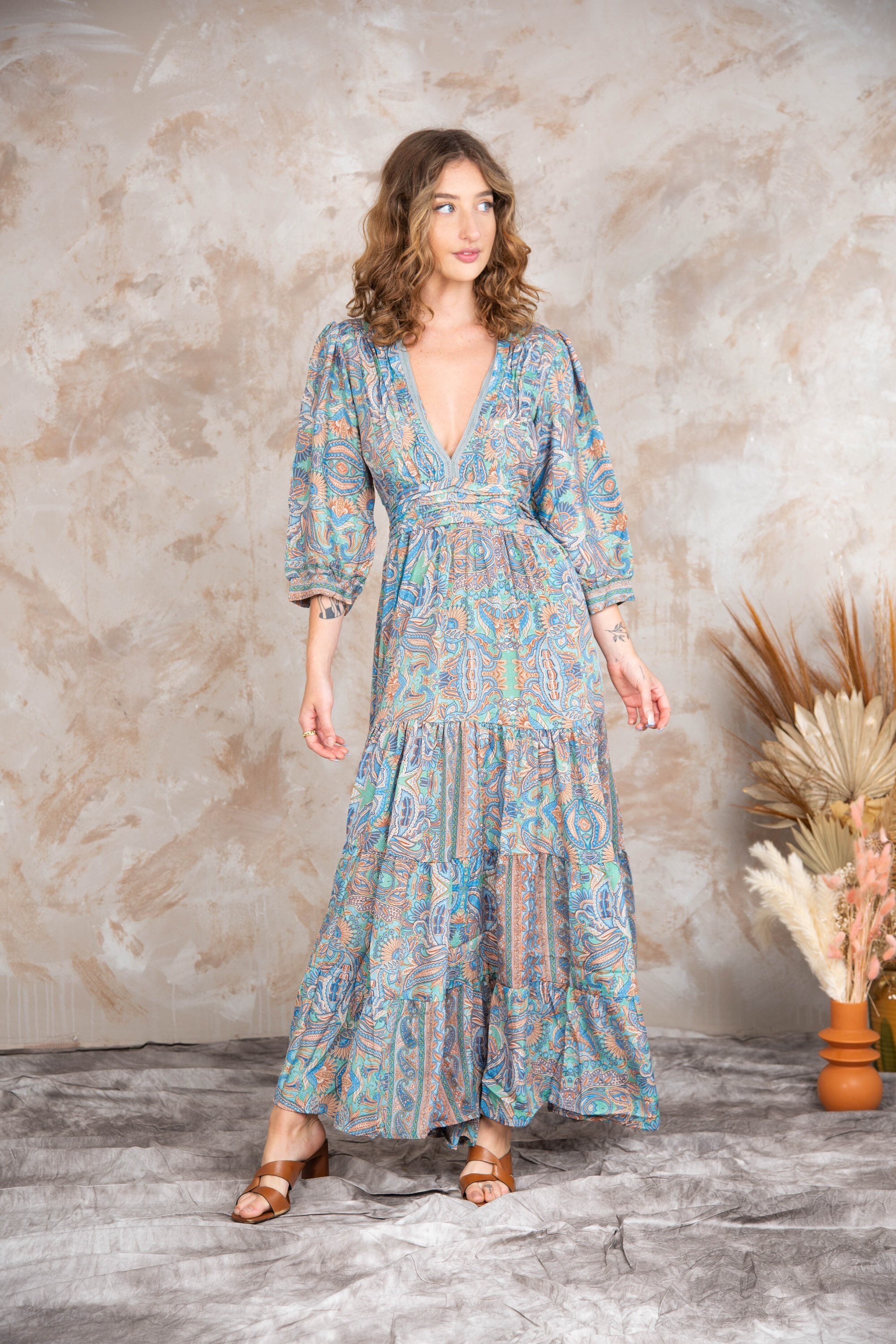 Full Length Blue Boho Dress With Sleeves Silk Goddess Dress - Etsy UK