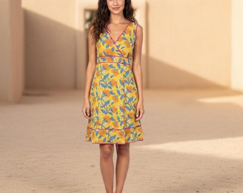 Yellow Block Print Cotton Mini Dress, Boho Cotton Dress Women, Festival Mini Dress, Ibiza Summer Dress, Bohemian Dress