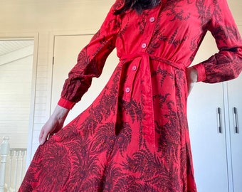 Vintage 70s Red Wool Printed Shirtdress