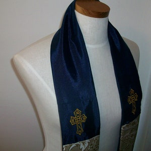 Clergy Stole | Navy Blue Gold Brocade | Gold Metallic Design