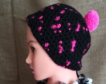 Crochet hat, beanie, neon, black-pink, with pompom, handmade, unique, handmade, cap, OOAK