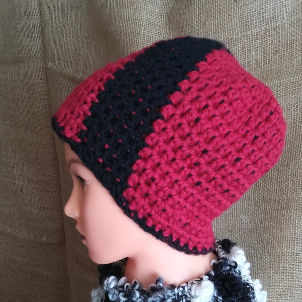 Häkelmütze, Beanie, rot-schwarz, Handarbeit, Unikat, Handmade, Cap, OOAK