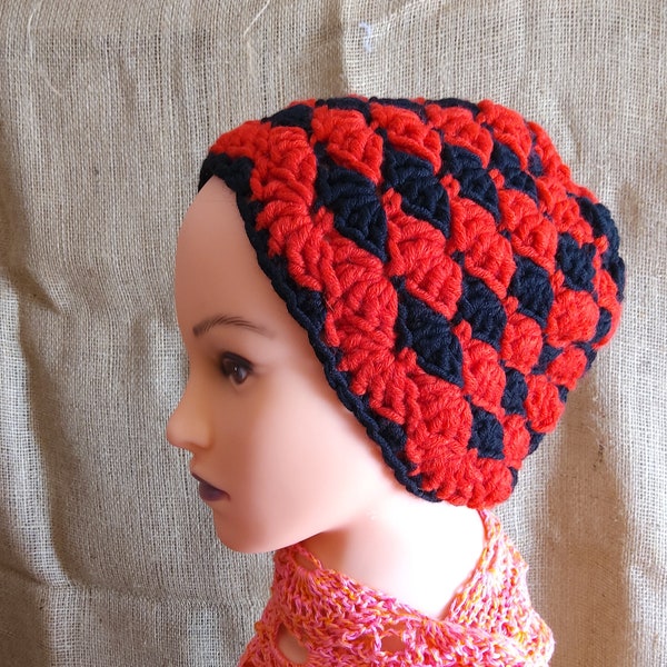 Crochet hat, beanie, red-black, handmade, unique, handmade, cap, OOAK