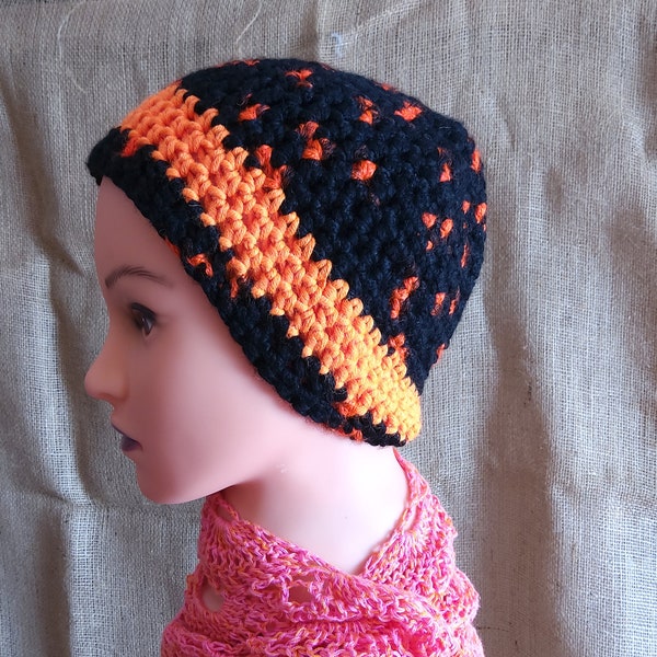 Crochet hat, beanie, neon, black-orange, with pompom, handmade, unique, handmade, cap, OOAK