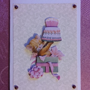 Carte de vœux 3D-Morehead, carte de vœux, carte faite à la main, chat avec gâteau