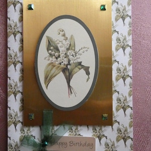 Fleur greeting card, joyeux anniversaire carte, or, Lily of the Valley, carte faite main