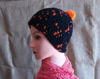 Crochet hat, beanie, neon, black-orange, with pompom, handmade, unique, handmade, cap, OOAK