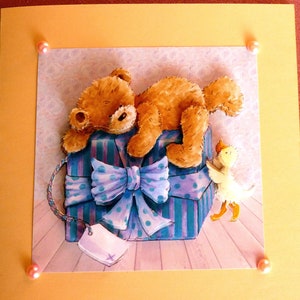 3D-Bären Grußkarte, Bears-Greeting Card, Handmade Card, Bär mit Geschenk blau
