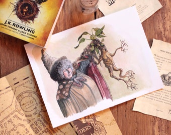 Illustratie Pomona Chourave/enkel aquarel harry potter/poster Zweinstein/schilderende Professor Chourave/illustratie mandragore