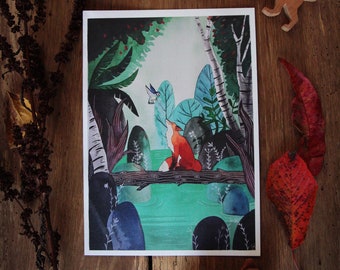 Ilustración juvenil/regalo de nacimiento/dibujo de niño/decoración de habitación infantil/marco de zorro infantil/Arte de pared infantil/acuarela de bebé/caprichoso
