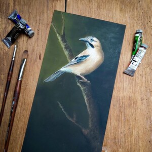油絵 森の鳥、野鳥、手描きの鳥の絵、油絵、絵画 60 x 90 cm