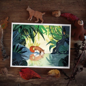 jeugdillustratie/vossentekening/kinderkamertekening/geboortecadeau/kinderkunst aan de muur/grillig/vossenkind/kinderschilderkunst