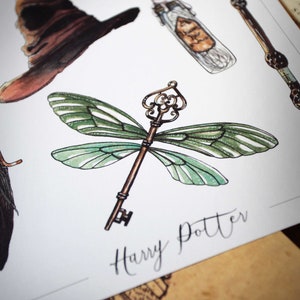 Op de afbeelding: Een gouden sleutel met groene libellenvleugels. De sleutel bevindt zich op een witte achtergrond met de tekst "Harry Potter" in zwarte cursieve letters.