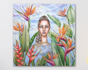 Tropical Wall Art Print on Canvas, Watercolor Flowers Art, Girl in Flowers Art, Woman With Flower Art, Bird of Paradise Art, Woman in Garden