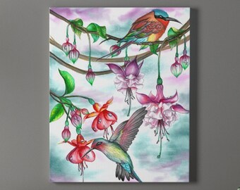 Watercolor Flowers Art Print, Floral Digital Prints, Hummingbird Canvas Art Prints, Bird and Flowers Art Prints, Fuchsia Flowers Art Prints