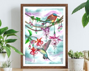 Watercolor Flowers Art Print, Floral Digital Prints, Hummingbird Art Print, Bird and Flowers Art Print, Fuchsia Flowers Art, Wall Art Prints
