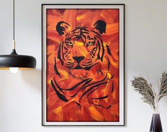 Original Tiger Painting, Textured Wall Art, Original Tiger Art, Textured Painting Colorful, Red Tones Art, Bengal Tiger Art, Animal Artwork