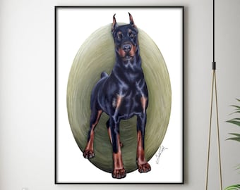 Puede incluir: Un perro Doberman negro y marrón está de pie sobre un fondo circular verde y marrón. El perro está mirando directamente al espectador.