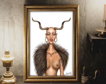 Horned Woman Art, Witchy Decor Digital Art, Nude Art Print, Naked Woman Art, Pagan Art Print, Gothic Home Decor Wall Art, Mythology Wall Art