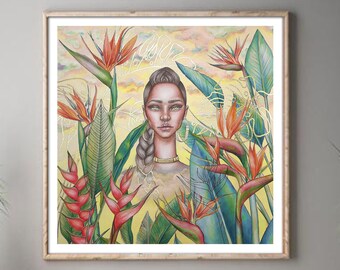 Tropical Wall Art Print, Watercolor Painting Flowers, Girl in Flowers Art Print, Bird of Paradise Art, Botanical Art Print, Woman in Garden