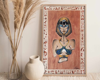 May include: A framed illustration of a woman with a blue and gold headdress and a single blue eye. The background is a reddish-brown color with hieroglyphics around the border.