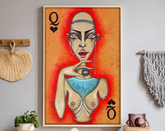 Queen of Hearts Art Print, Playing Cards Art Print, Witchy Decor Wall Art, Psychedelic Art Print, Game Room Wall Art Decor, Unique Decor Art