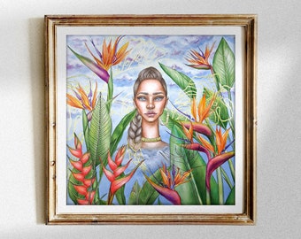 Original Watercolor Painting Flowers, Girl in Flowers Art, Tropical Wall Art, Bird of Paradise Art, Botanical Art, Watercolor Woman Portrait