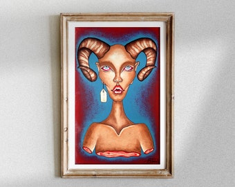 Puede incluir: Una pintura digital de una persona con cuernos de carnero, una etiqueta de precio colgando de su oreja y un torso cortado. El fondo es un degradado azul y rojo.