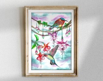 Original Watercolor Painting Flowers, Hummingbird Art, Bird and Flowers Art, Fuchsia Flowers Art, Watercolor Painting Flowers, Floral Art