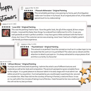 May include: Five customer reviews for original paintings. Each review includes a five-star rating, a title, a date, and a comment. The paintings are displayed next to the reviews.